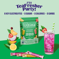 Close-up of TeaFresher packets highlighting sugar-free electrolytes.