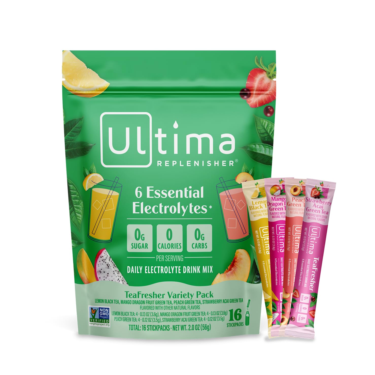 Ultima Replenisher TeaFresher variety box front for on-the-go hydration.
