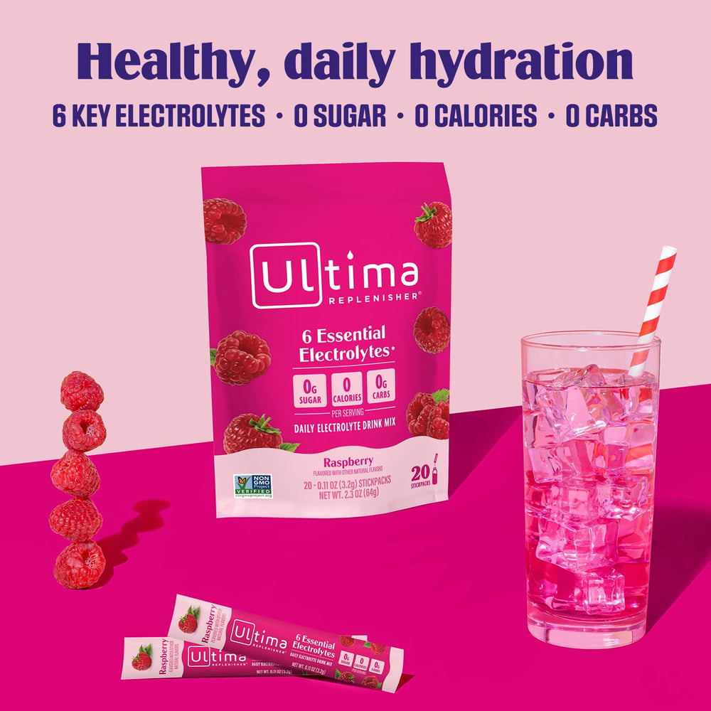 Travel-friendly 20-stickpack box from Ultima Replenisher for mixing anytime.