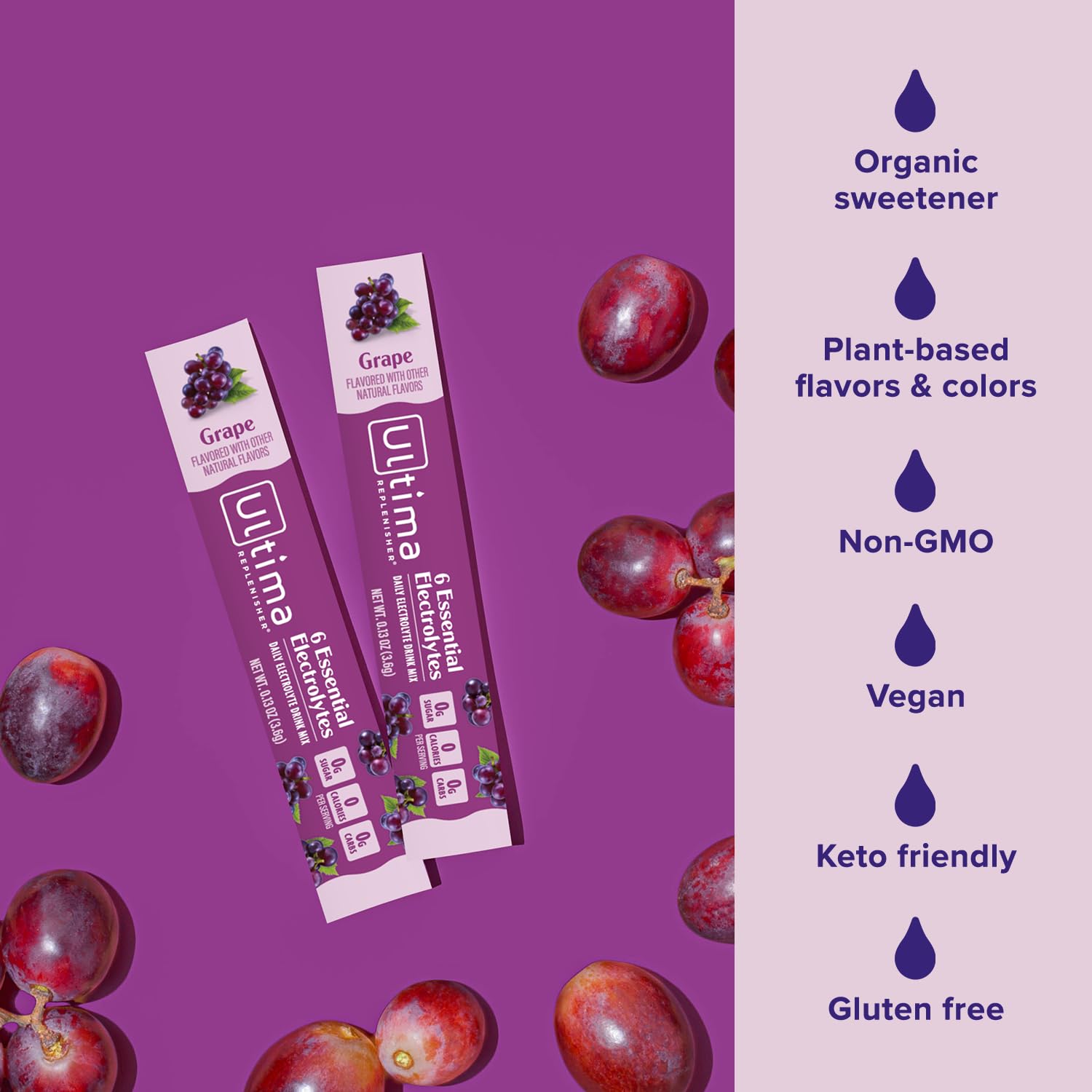 Ultima Replenisher vegan and keto-friendly formula shown as gluten-free and non-GMO