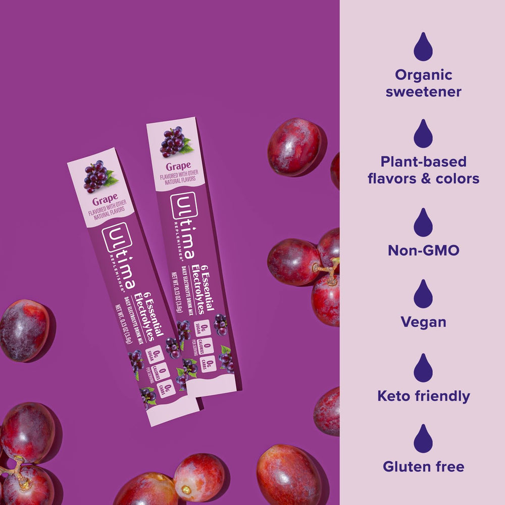 Ultima Replenisher vegan and keto-friendly formula shown as gluten-free and non-GMO