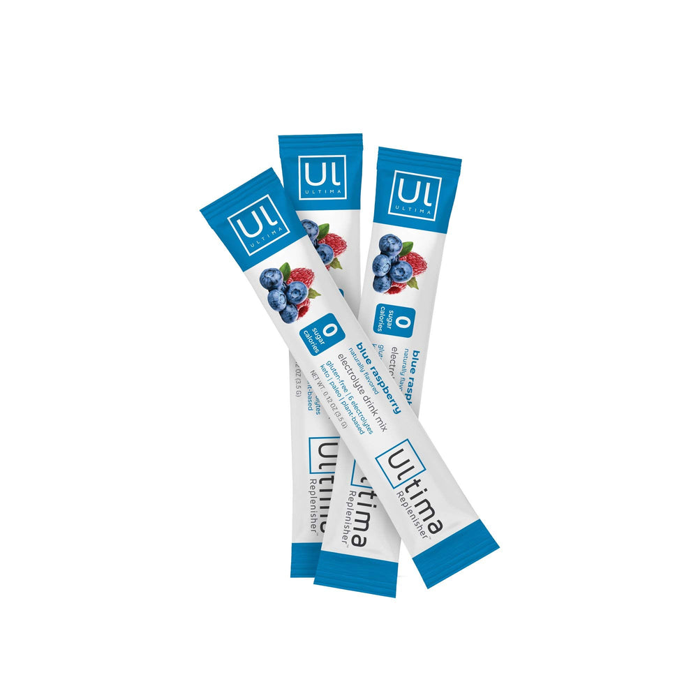 Ultima Replenisher in water glass with stickpack, refreshing electrolyte sip