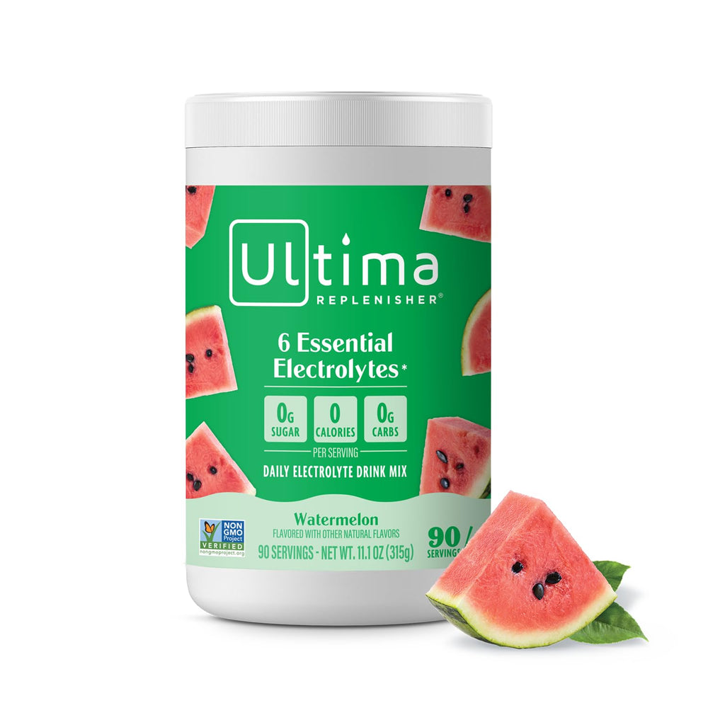 Ultima Replenisher Watermelon canister front view showing a sugar-free hydration option.