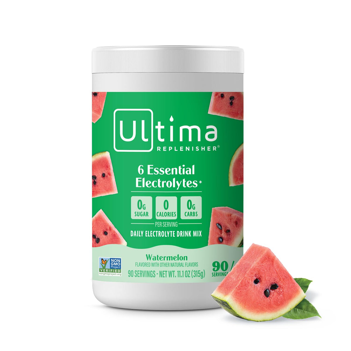 Ultima Replenisher Watermelon canister front view showing a sugar-free hydration option.