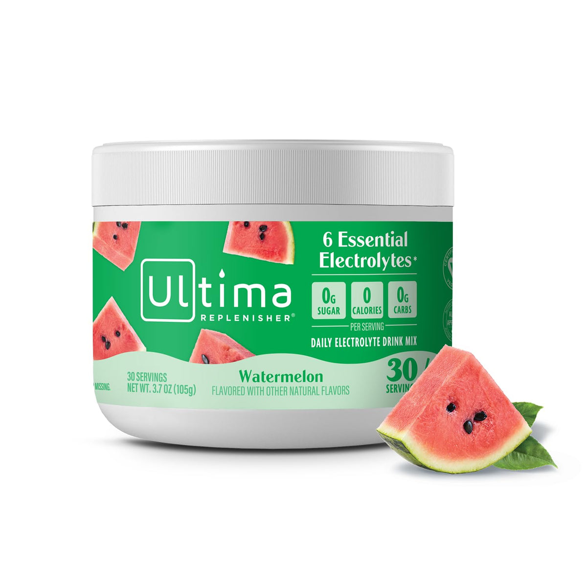 Ultima Replenisher Watermelon canister front showing sugar-free hydration
