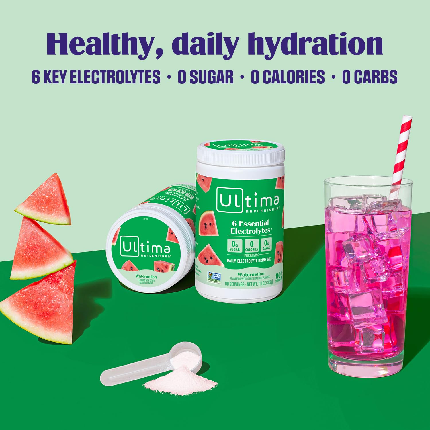 Ultima Replenisher powder dissolving in water for refreshing flavor.