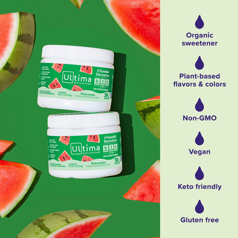 Ultima Replenisher Watermelon label close-up highlighting electrolytes