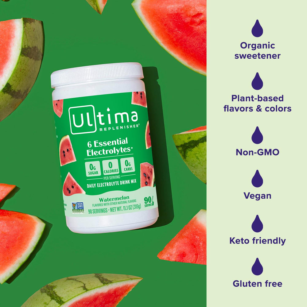 Ultima Replenisher nutrition label showing six electrolytes and vitamin C.