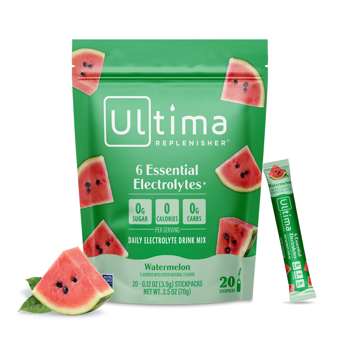 Ultima Replenisher watermelon stickpack for on-the-go hydration.