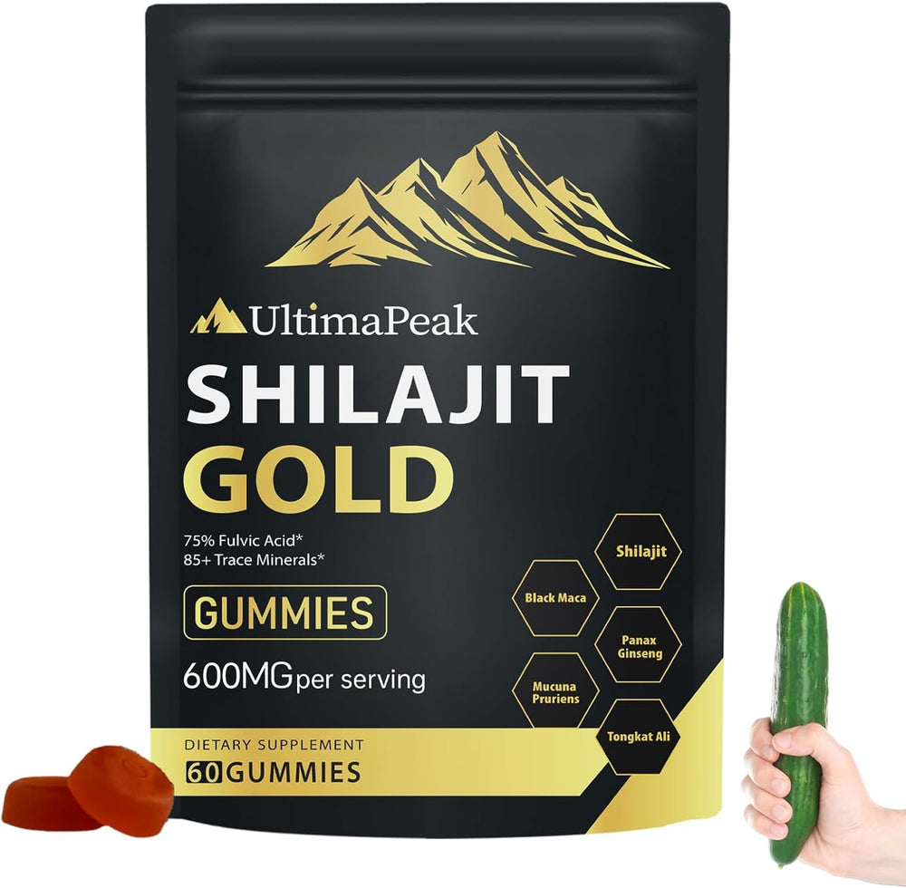 UltimaPeak VITACORE Shilajit Gummies in a jar signaling convenient energy support