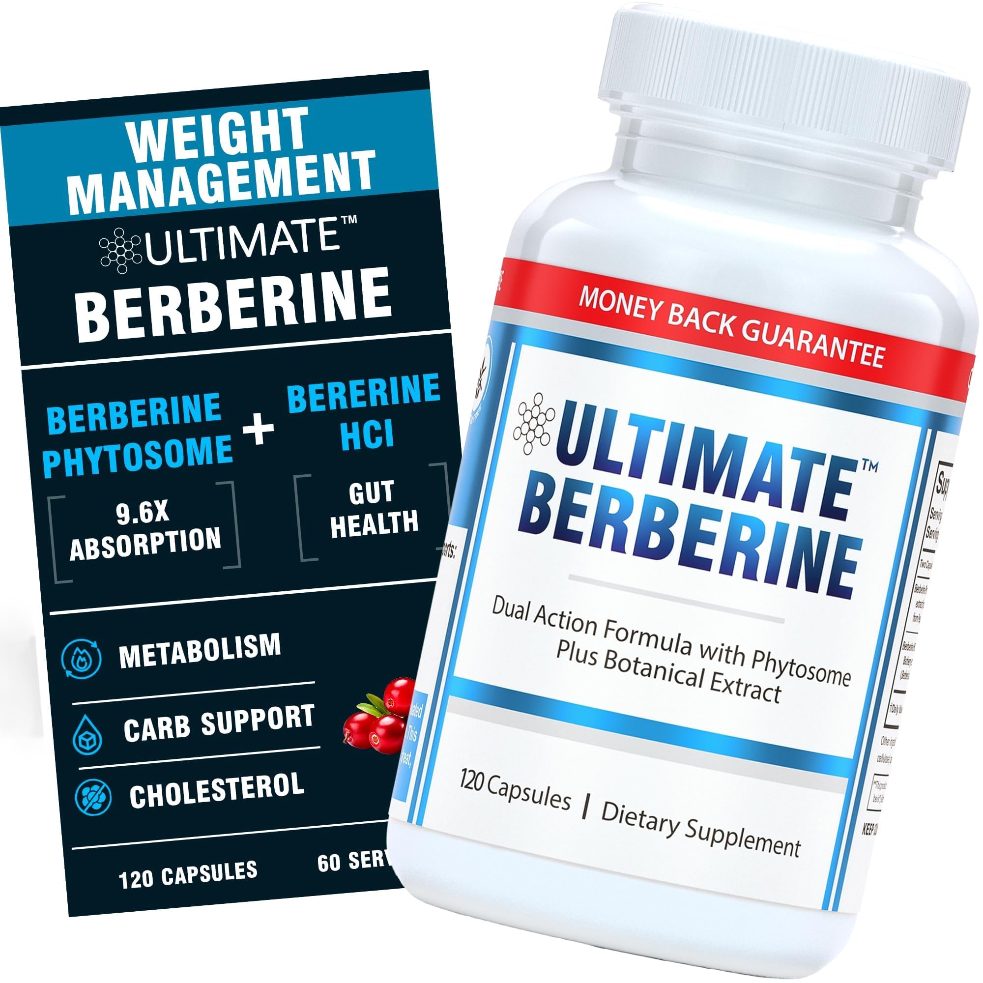 Ultimate Berberine Phytosome bottle close-up showing easy-to-swallow capsules for daily wellness.