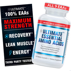Ultimate EAA bottle pouring shows easy-to-swallow tablets for daily energy support.