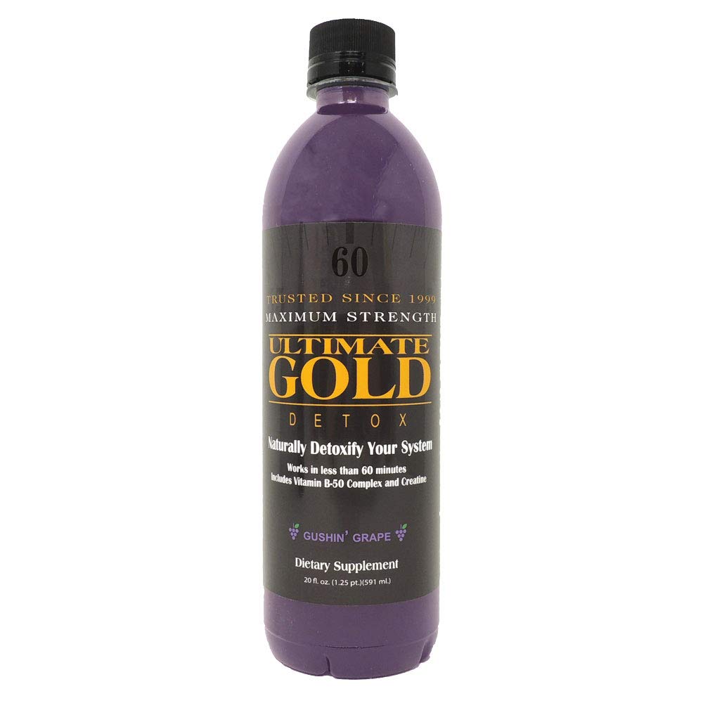 Ultimate Gold Detox Drink 20oz bottle pour showing refreshing grape flavor
