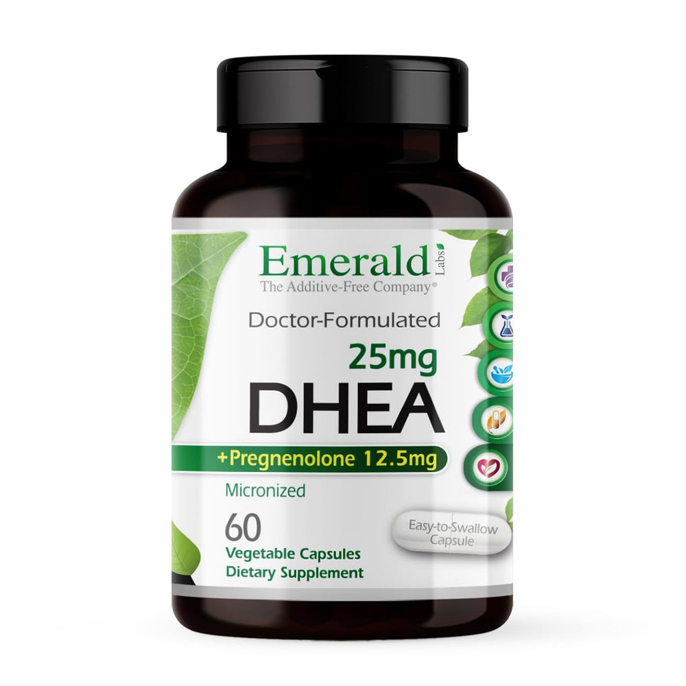 Ultra Botanicals Emerald Labs DHEA 25mg bottle showcasing adrenal support formula