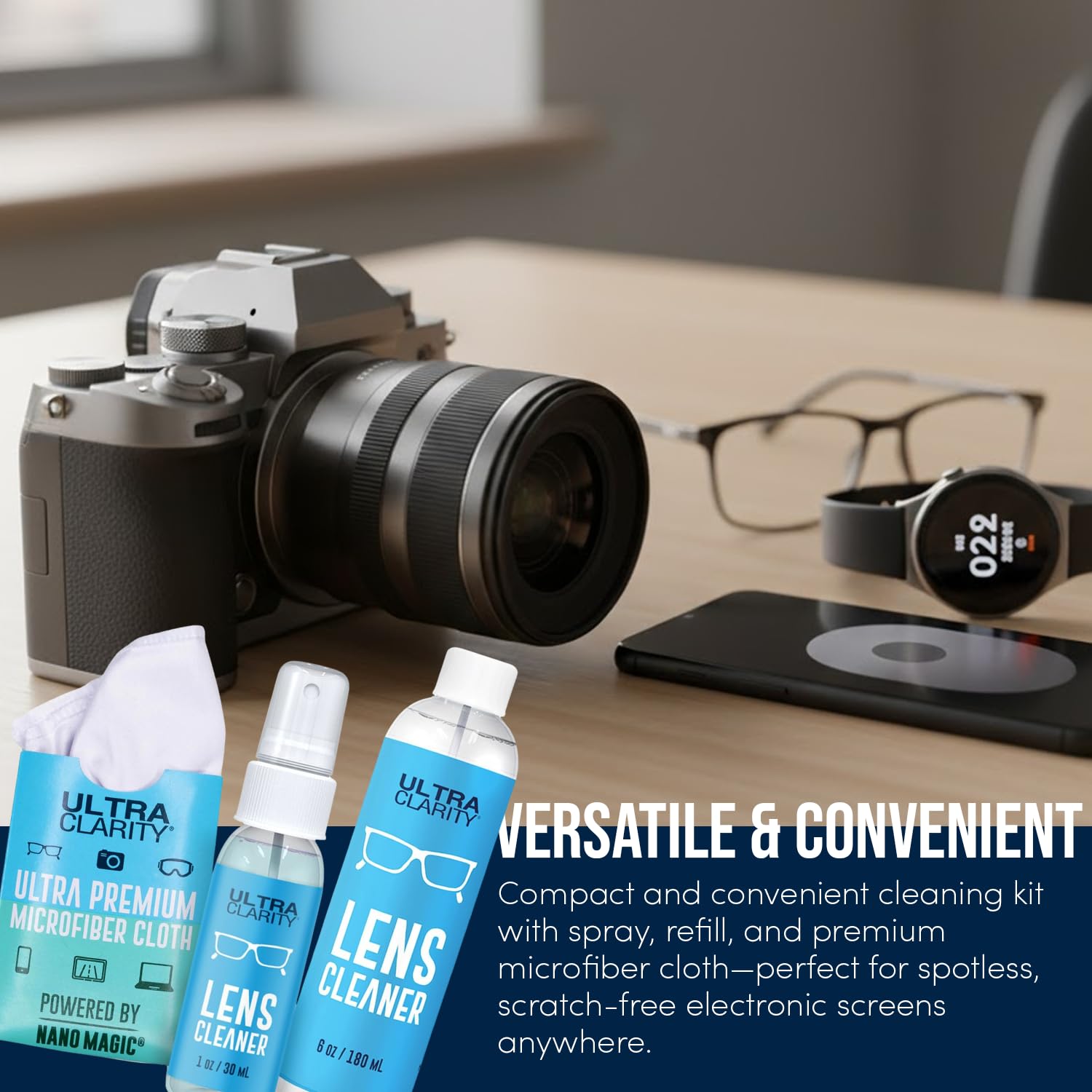 Ultra Clarity 6oz refill bottle keeps lenses and screens pristine.