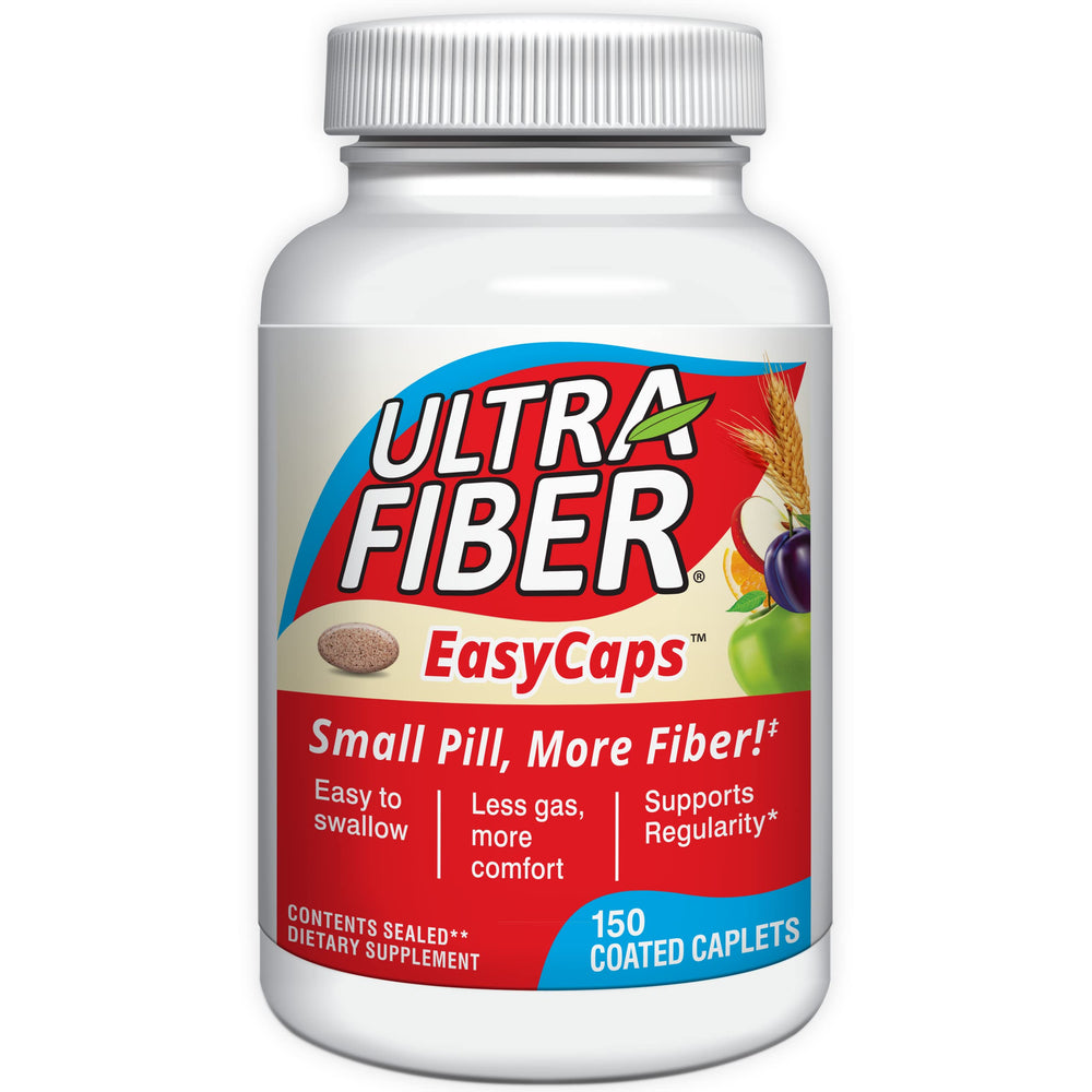 Ultra-Fiber Balance bottle pour shows convenient caplets for daily fiber support.