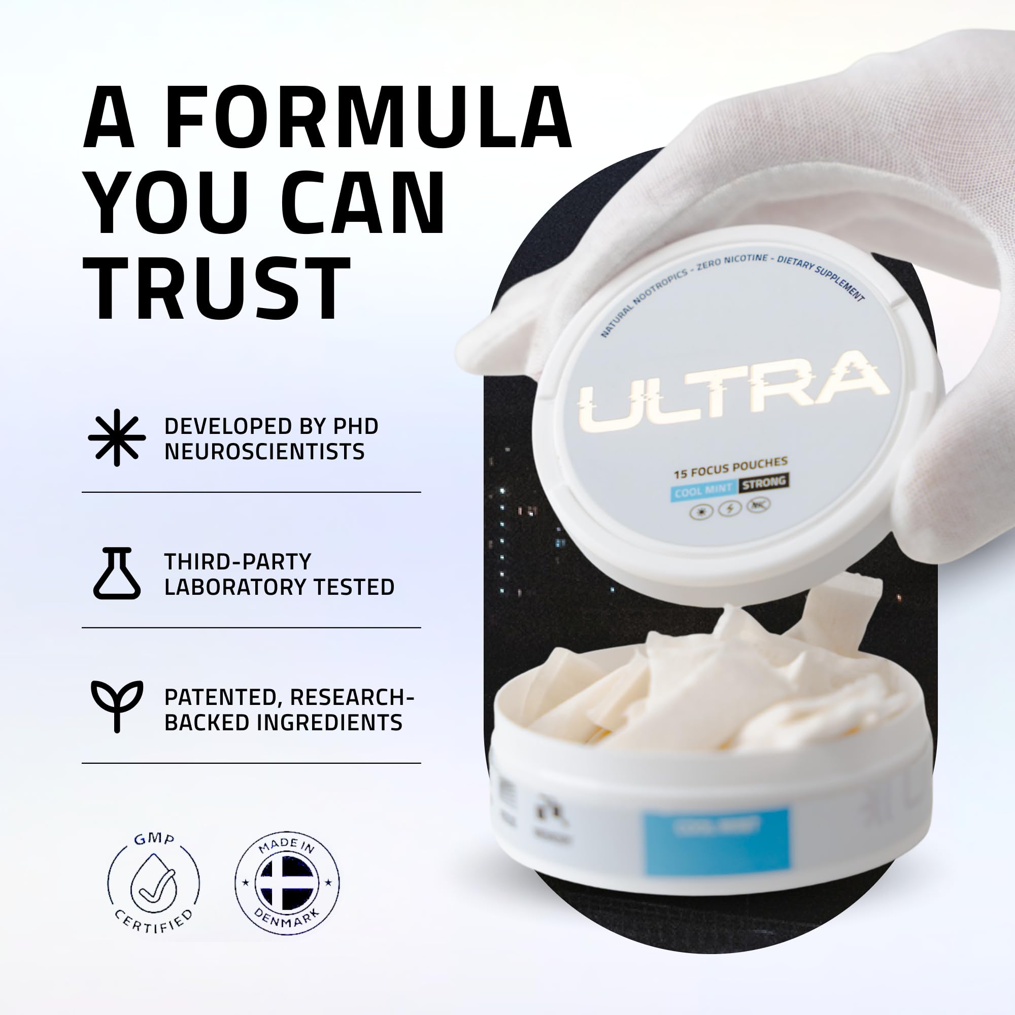 Display of three Ultra Focus Pouches cans emphasizing convenience and travel-friendly use.