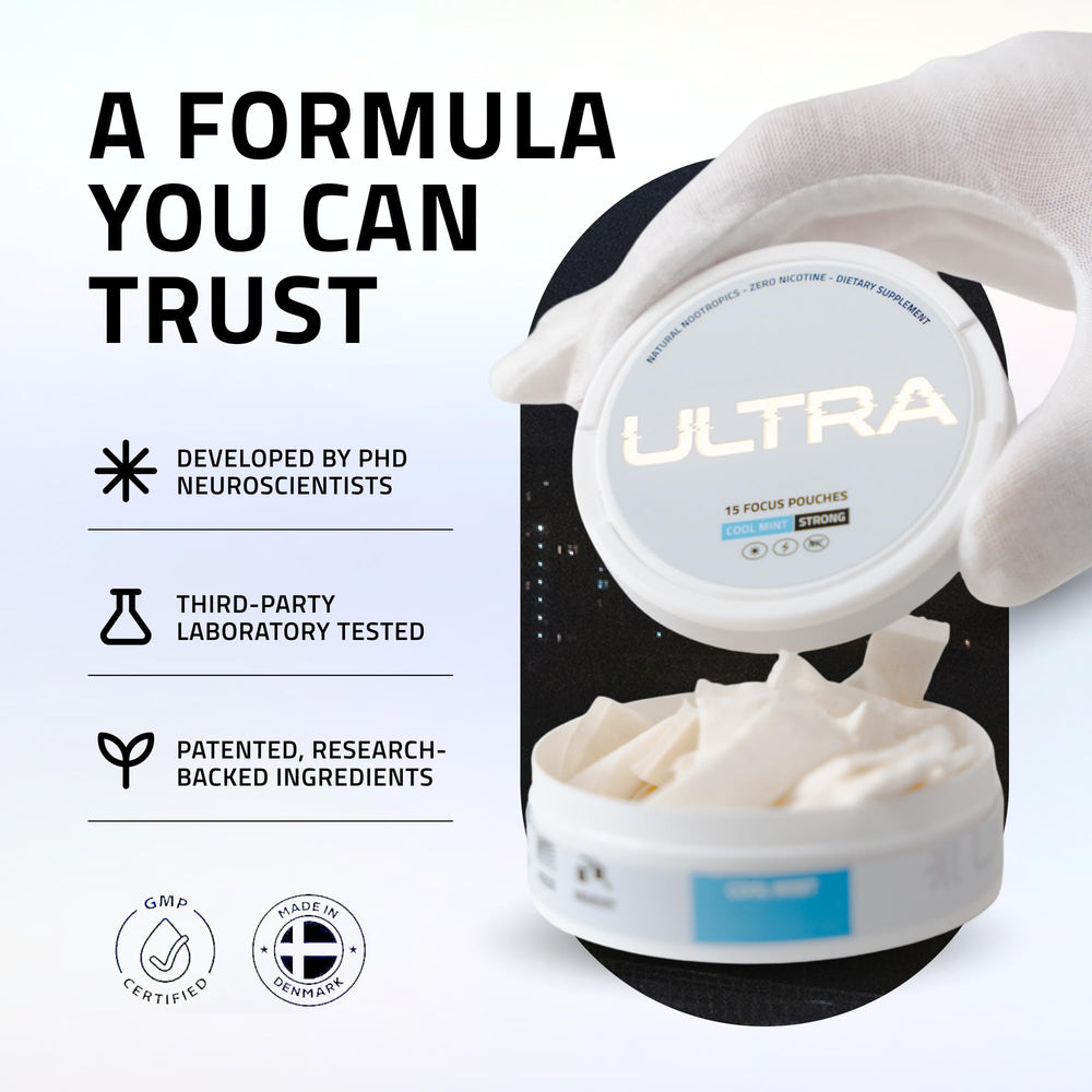 Display of three Ultra Focus Pouches cans emphasizing convenience and travel-friendly use.