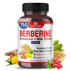 Ultra Herbs Berberine bottle highlighting cinnamon and milk thistle for digestive balance.