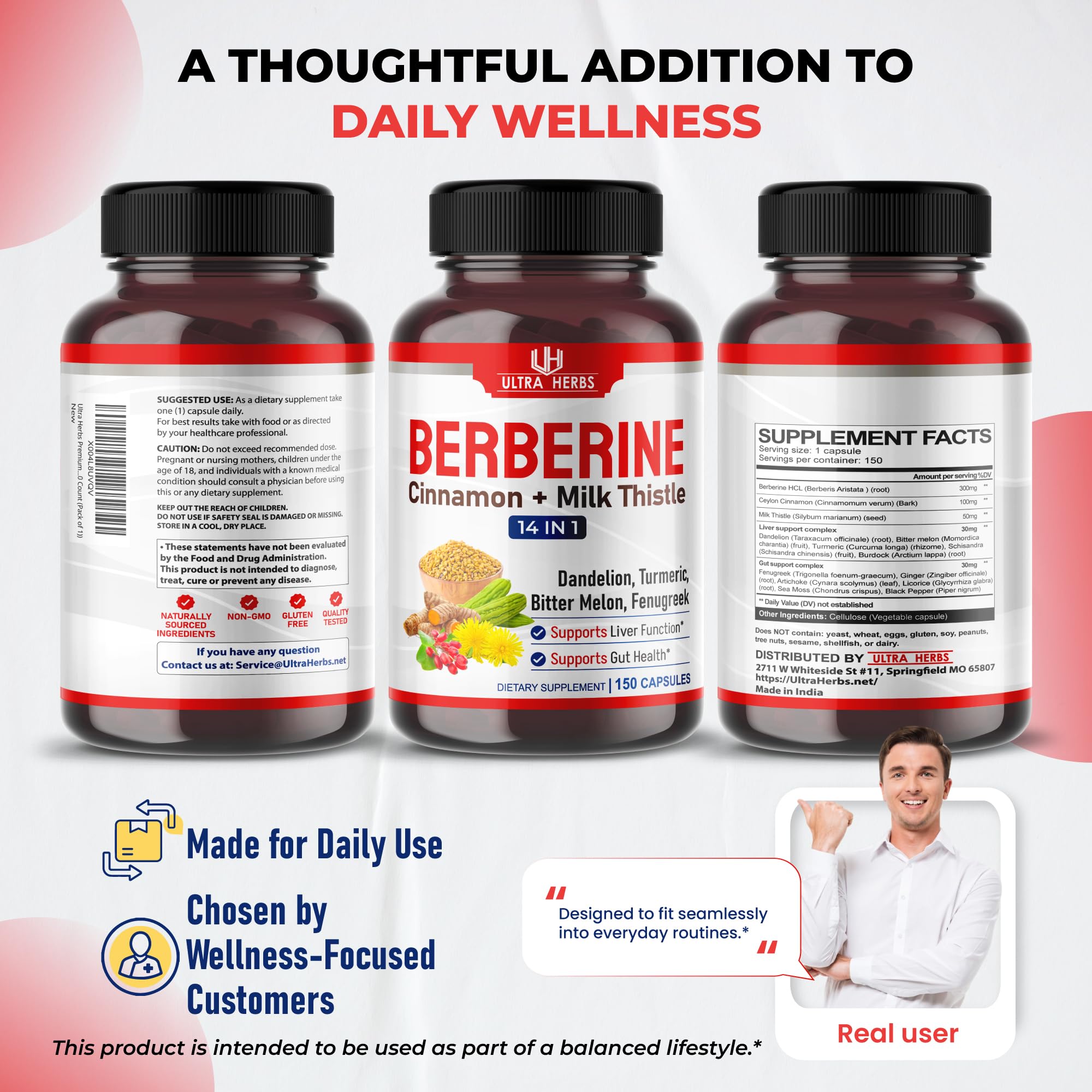 Ultra Herbs Berberine bottle showcases 150-day supply and easy-to-swallow capsules.