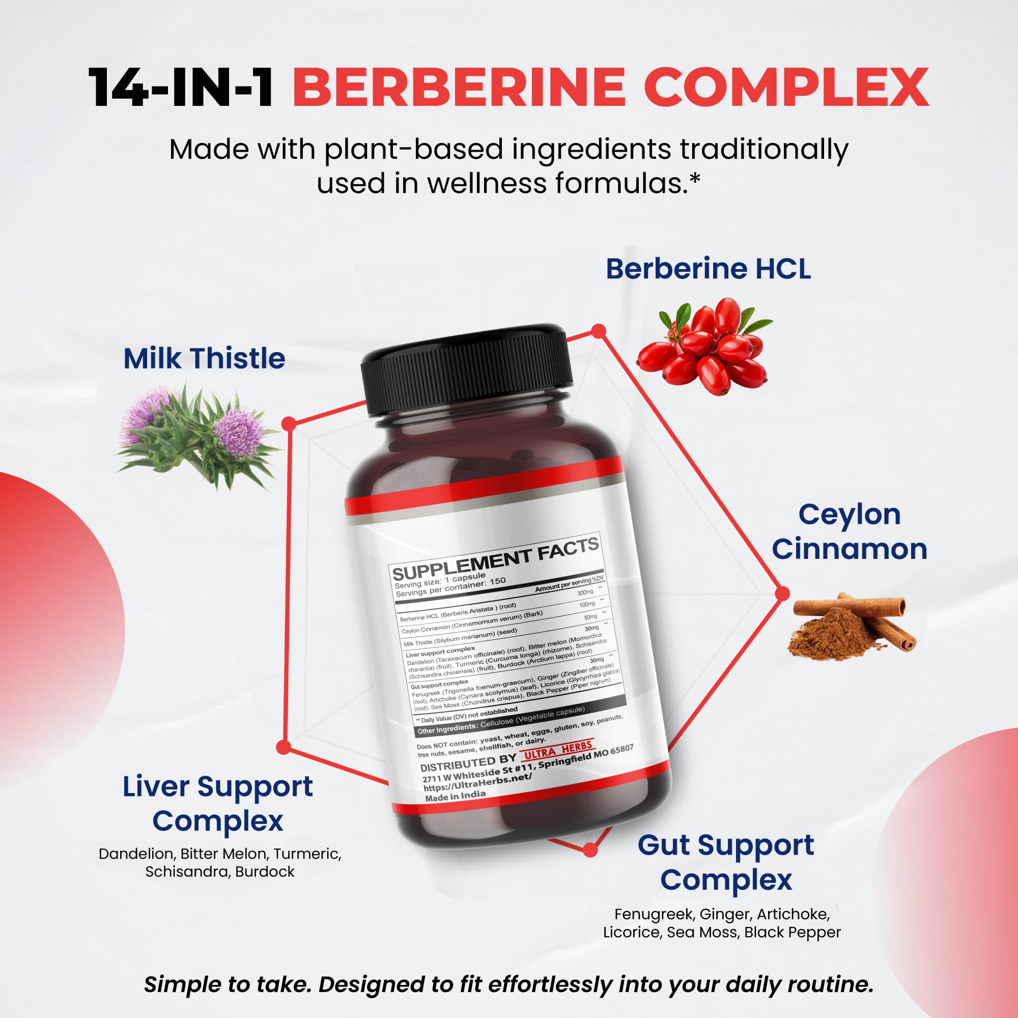 Ultra Herbs Berberine label details a clean, non-GMO formula.