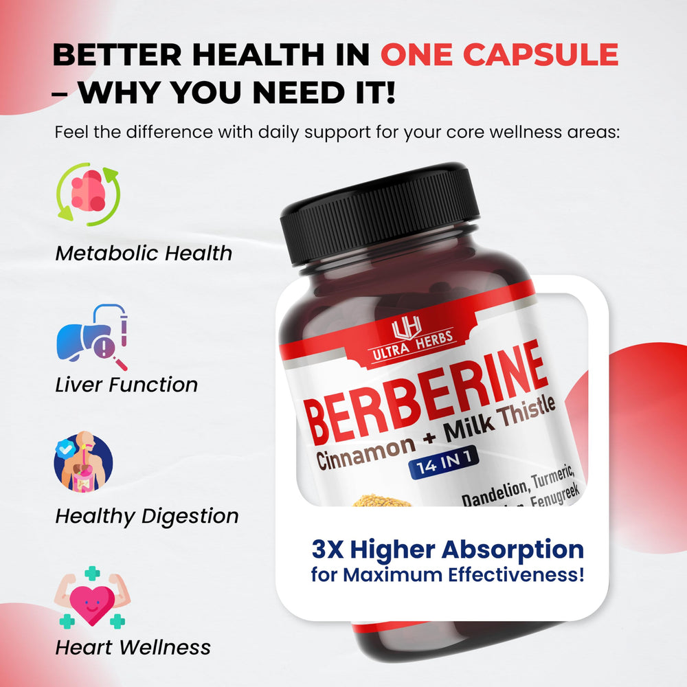 Ultra Herbs Berberine packaging emphasizes gluten-free and dairy-free ingredients for sensitive diets.