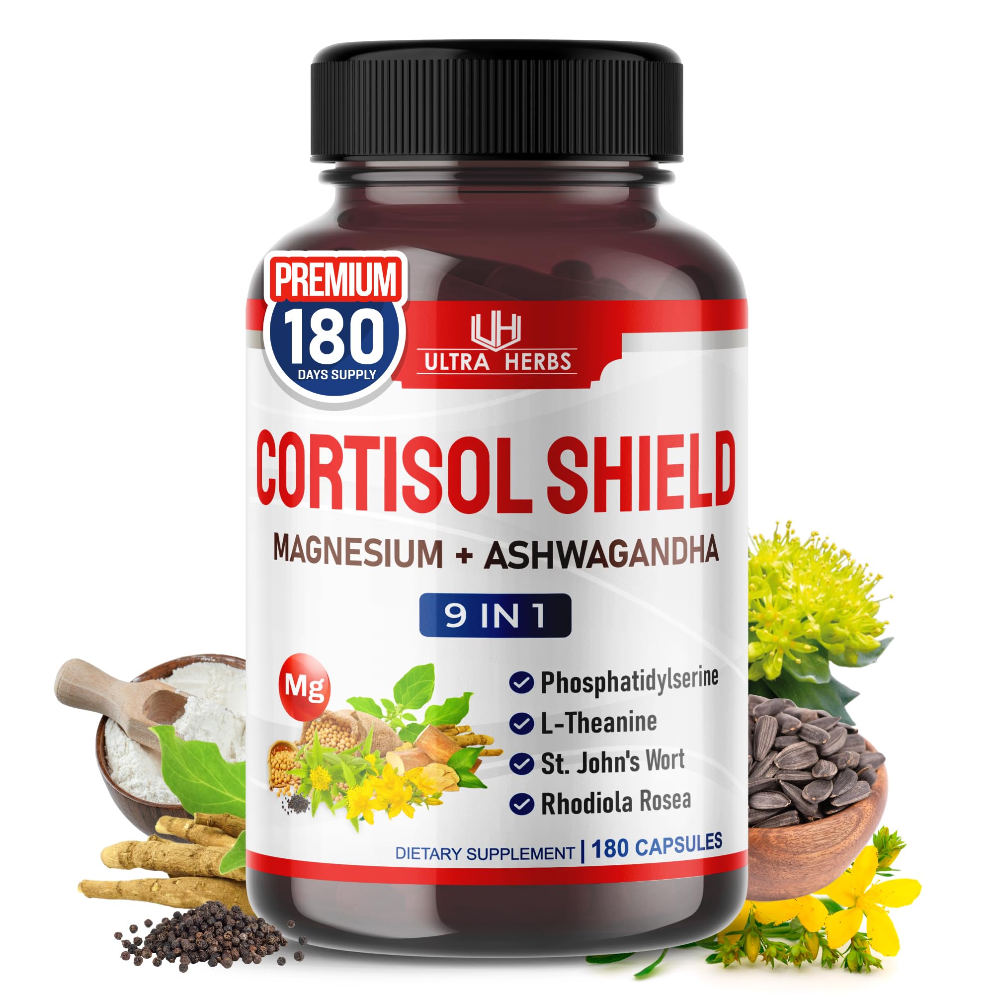 ULTRA HERBS Cortisol Shield 9-in-1 bottle front for daily balance.
