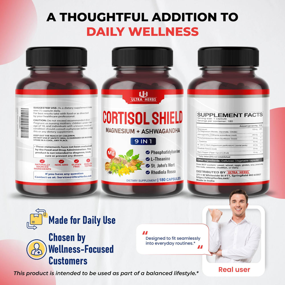 ULTRA HERBS Cortisol Shield 9-in-1 morning routine setup communicates calm focus.