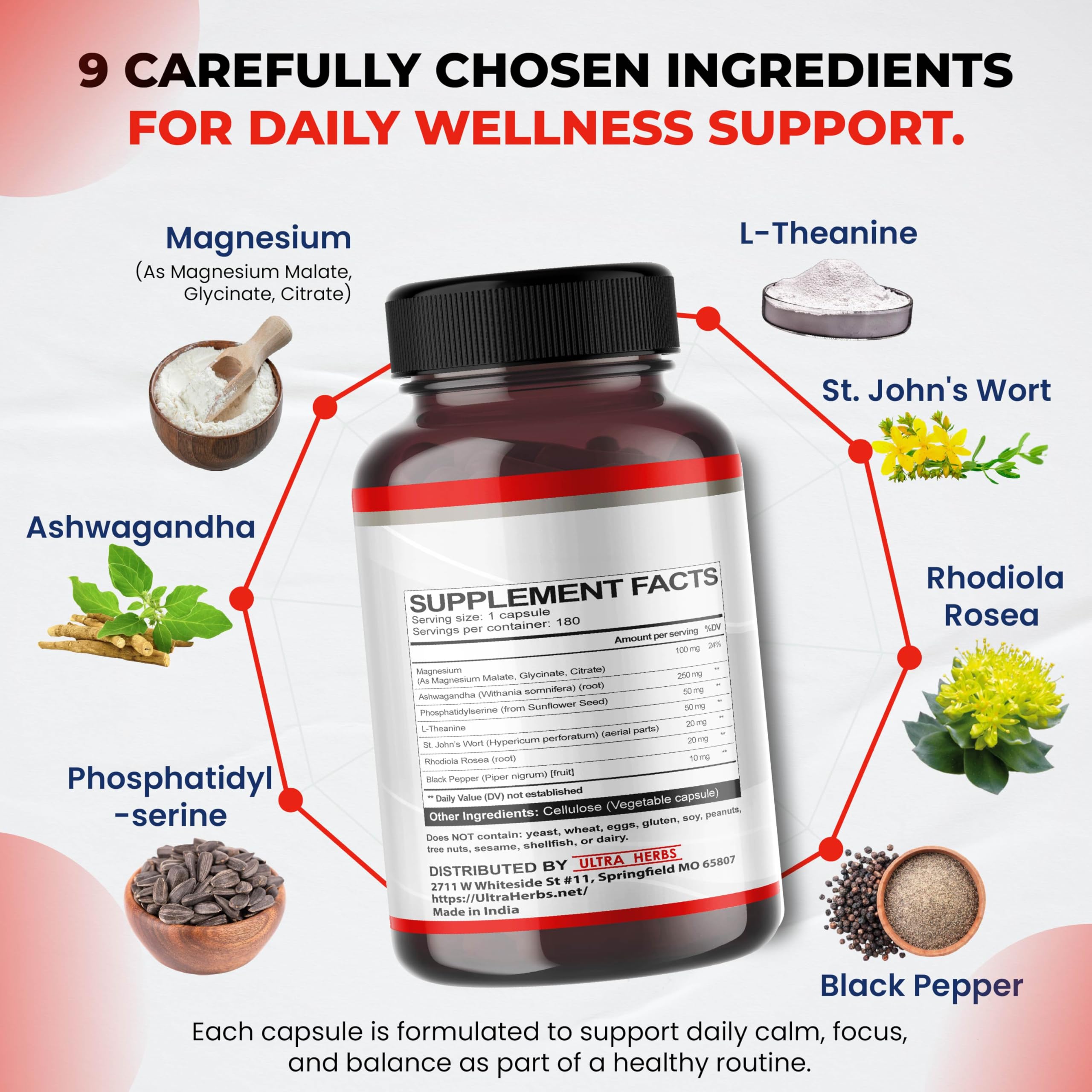 ULTRA HERBS Cortisol Shield 9-in-1 packaging highlights non-GMO quality.