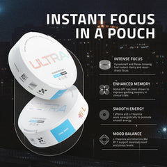 Ultra Pouches cool mint can highlights refreshing taste and portable focus support.