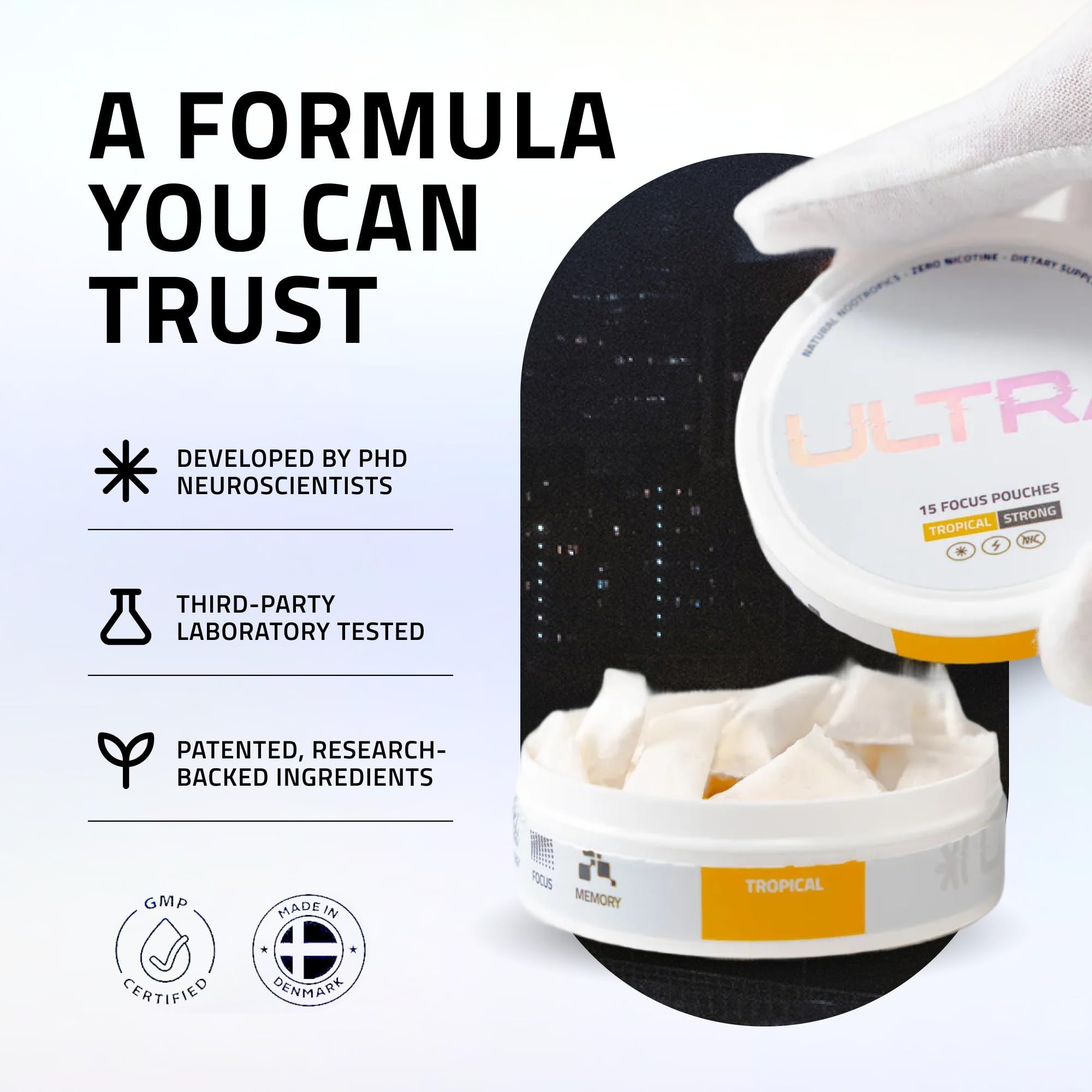 Ultra Pouches ingredients graphic highlights Enfinity and L-Theanine for smooth, balanced performance.