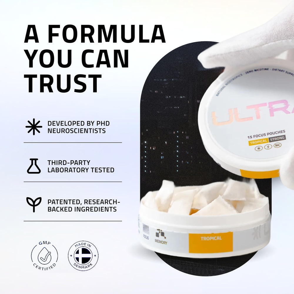 Ultra Pouches ingredients graphic highlights Enfinity and L-Theanine for smooth, balanced performance.