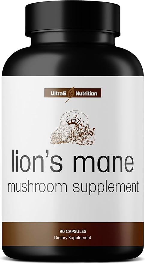 Ultra6 Lions Mane capsules bottle shows convenient daily wellness for busy adults.