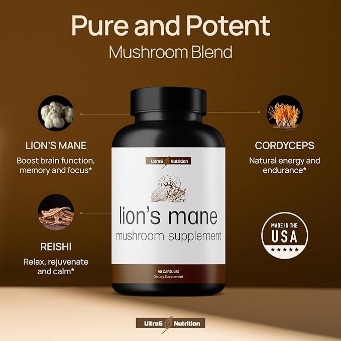 Ultra6 Lions Mane capsules closeup highlights smooth veggie capsules for easy intake.