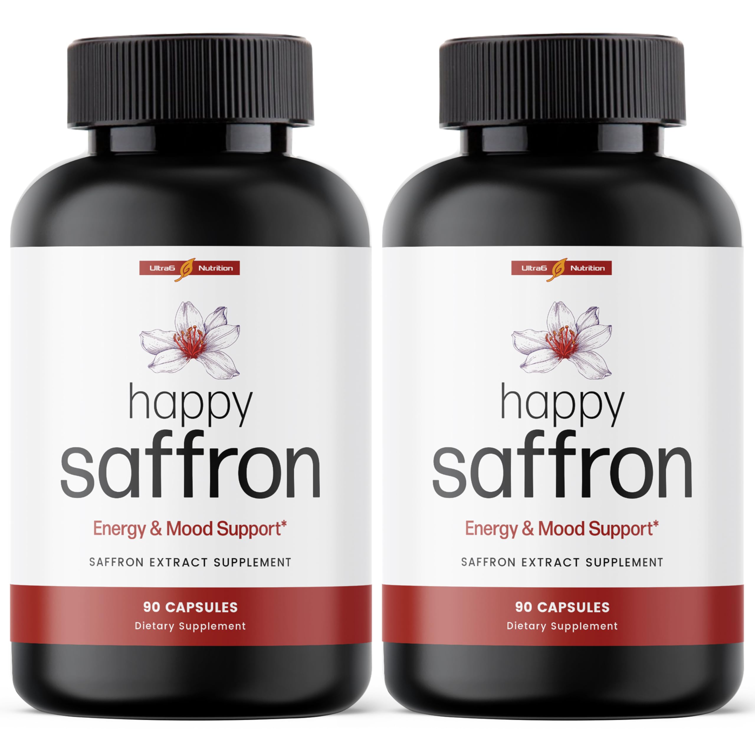 Ultra6 Nutrition Happy Saffron capsules bottle for mood and energy support.
