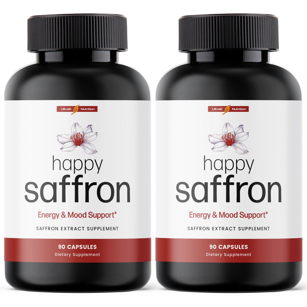 Ultra6 Nutrition Happy Saffron capsules bottle for mood and energy support.