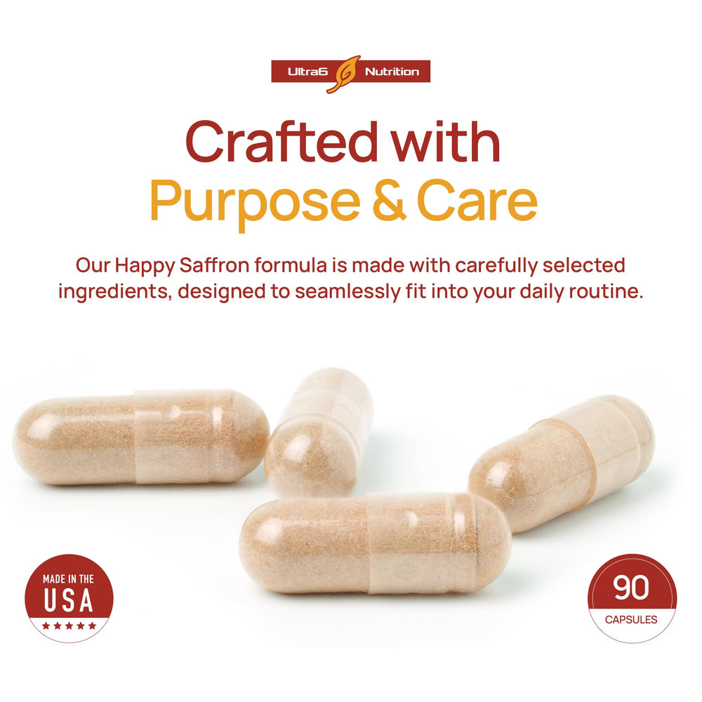 Ultra6 Nutrition Happy Saffron daily-use scene promoting digestion comfort.