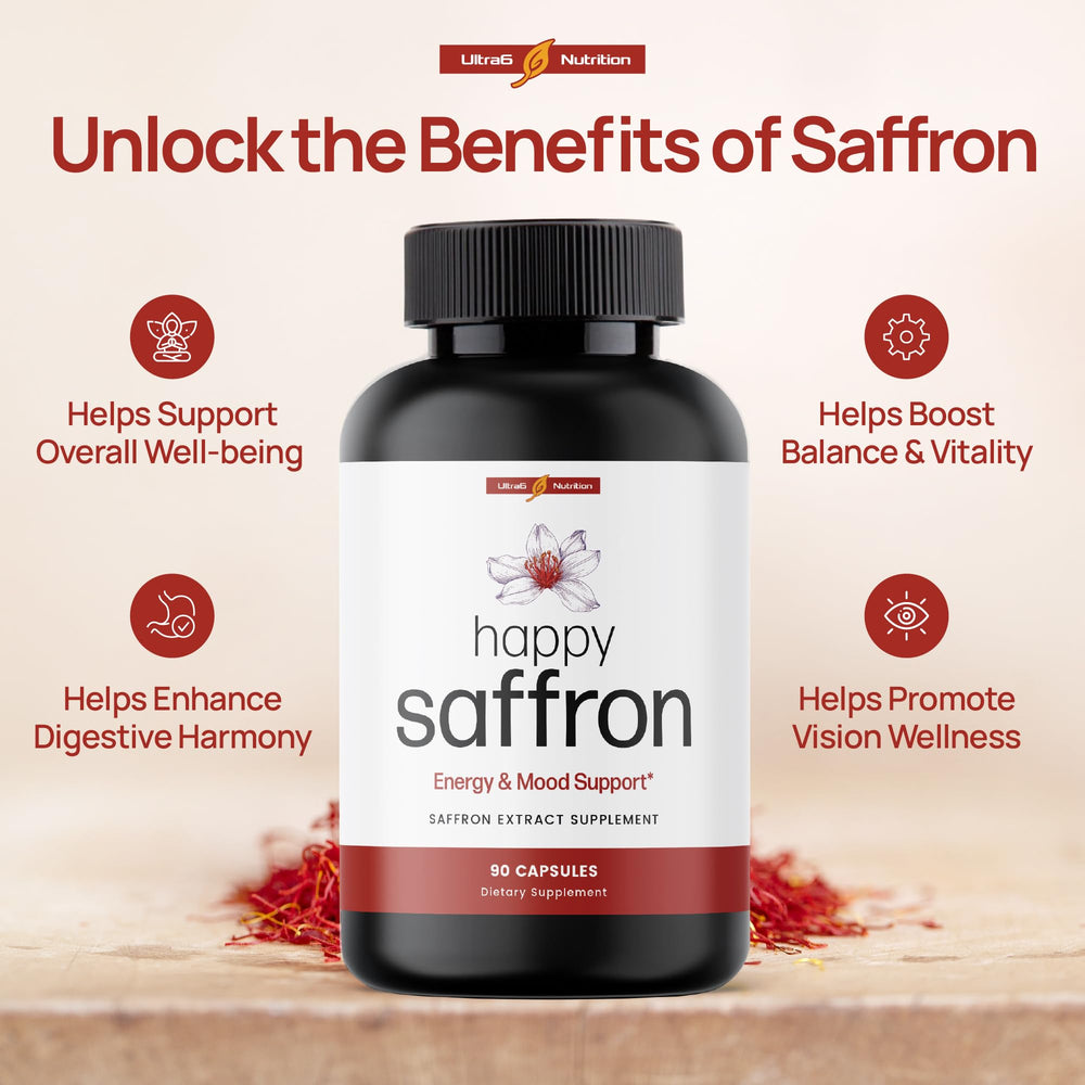Ultra6 Nutrition Happy Saffron bottle shown for daily energy and mood.