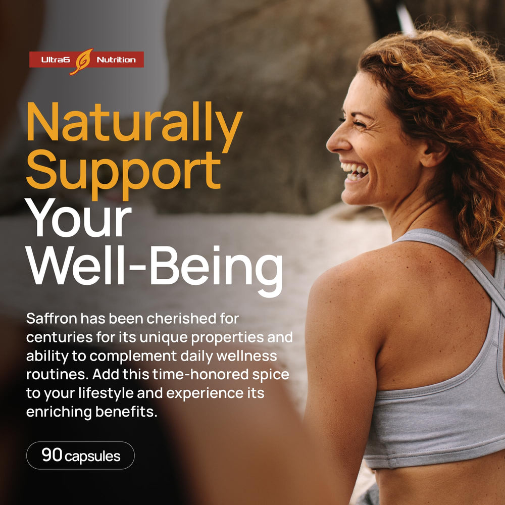 Ultra6 Nutrition Happy Saffron packaging closeup highlighting pure saffron extract.