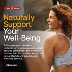 Ultra6 Nutrition Happy Saffron packaging closeup highlighting pure saffron extract.