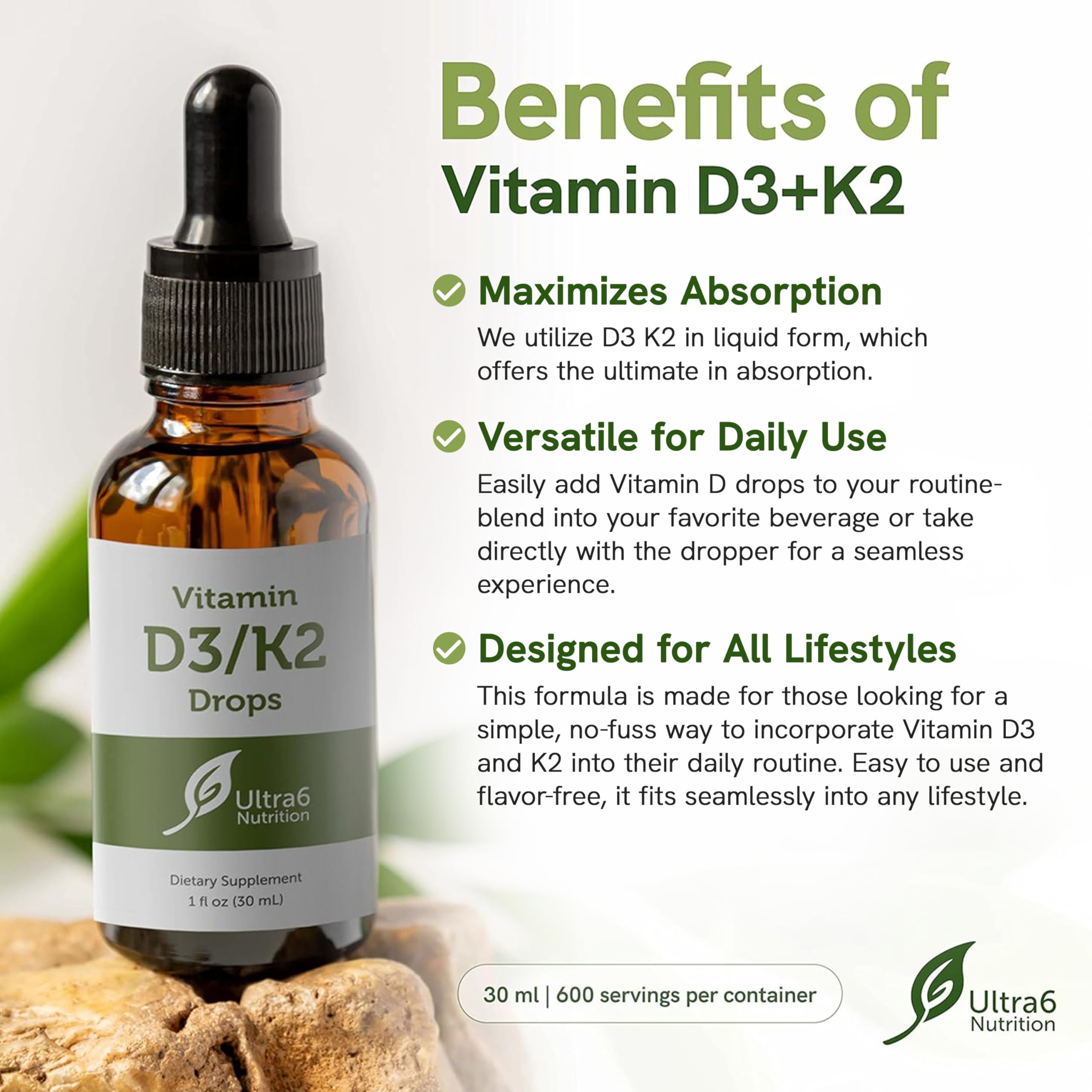 Ultra6 Nutrition Vitamin D3 K2 Drops dropper releasing liquid for easy dosing