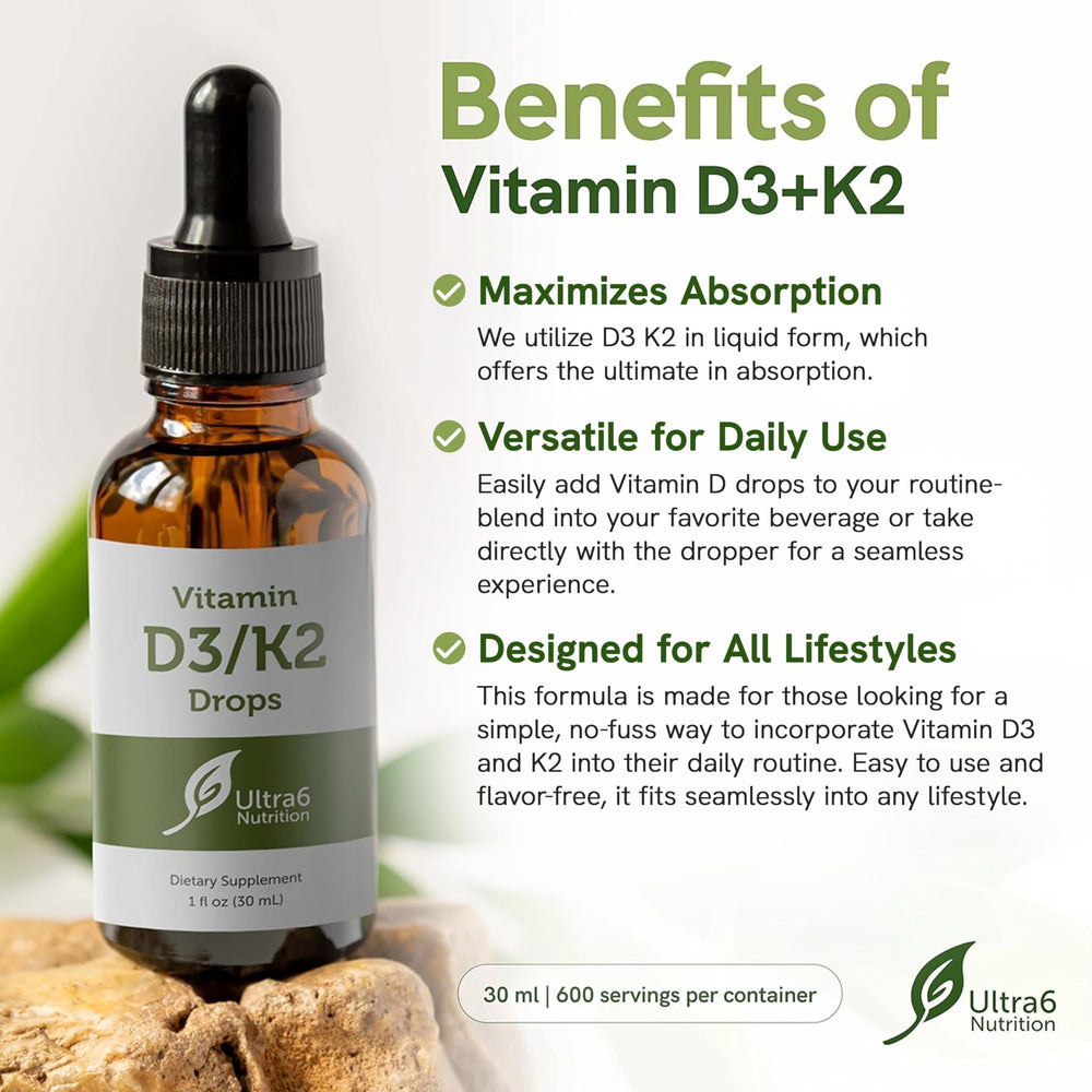 Ultra6 Nutrition Vitamin D3 K2 Drops dropper releasing liquid for easy dosing