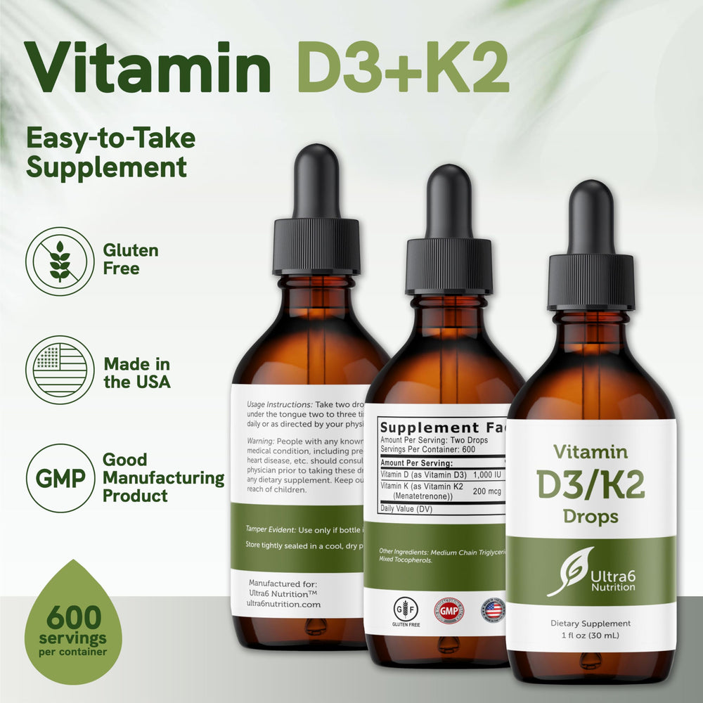 Ultra6 Nutrition drops bottle on the counter with a glass of water ready to use
