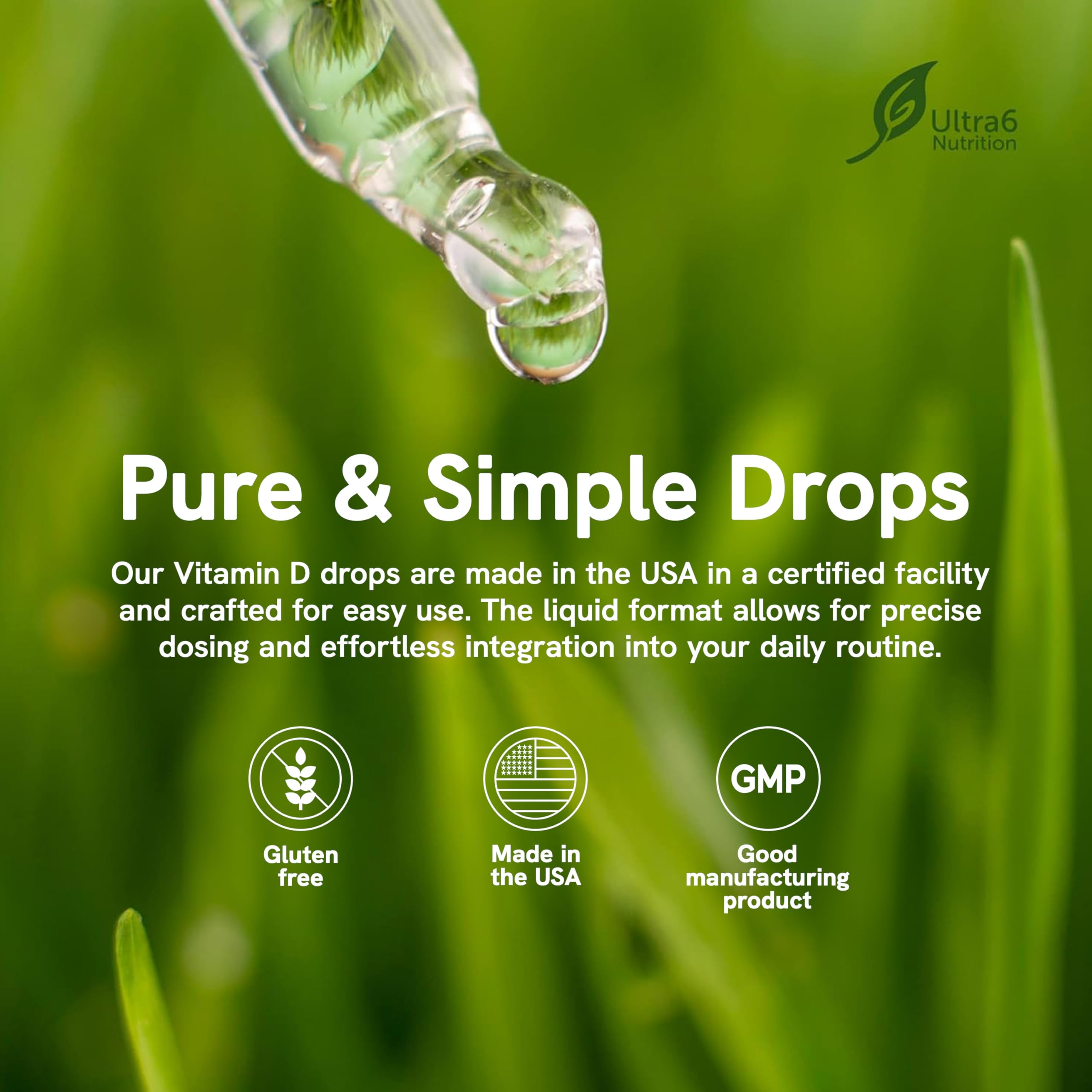 Ultra6 Nutrition Vitamin D3 K2 Drops label close-up displaying USA-made quality