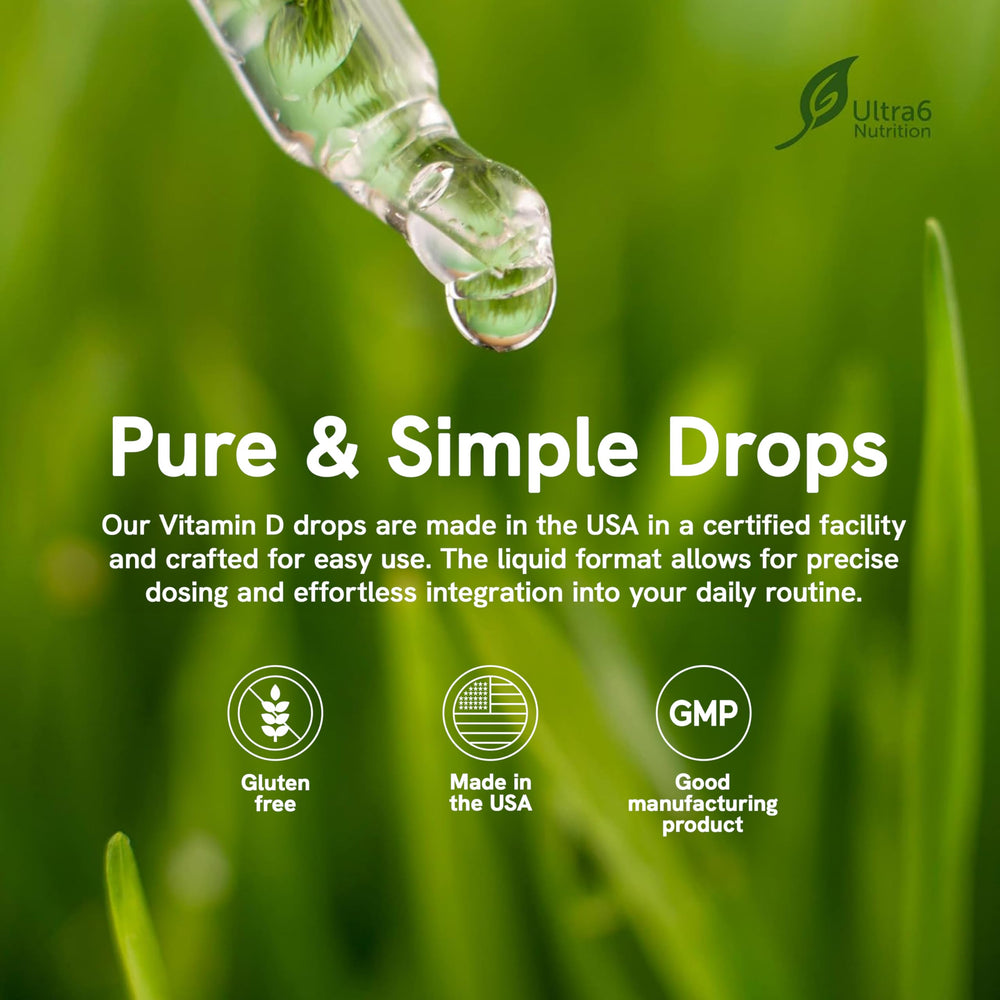 Ultra6 Nutrition Vitamin D3 K2 Drops label close-up displaying USA-made quality