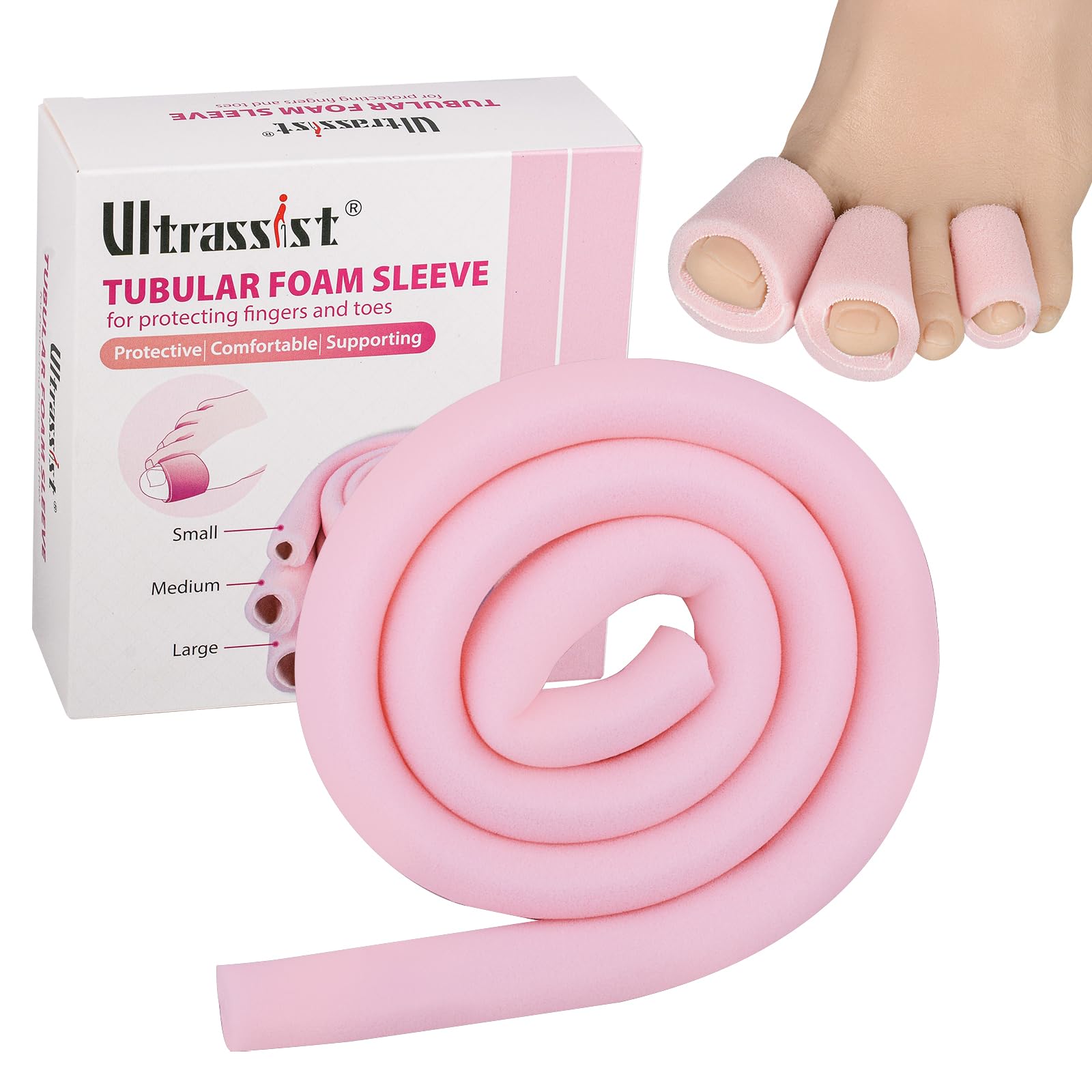 Ultrassist toe sleeve with overlap cushions the toe joint and reduces rubbing.