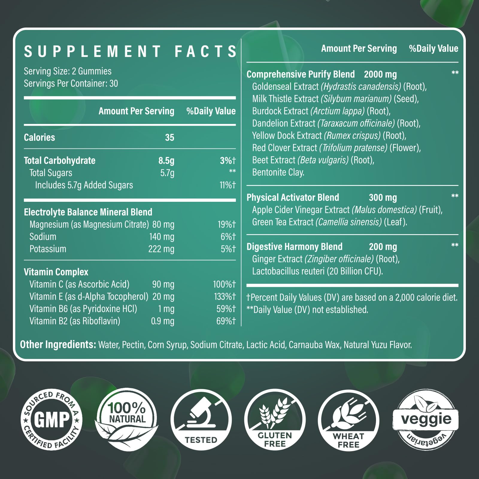 Closeup of Ultraverixian detox gummies highlighting natural plant ingredients.