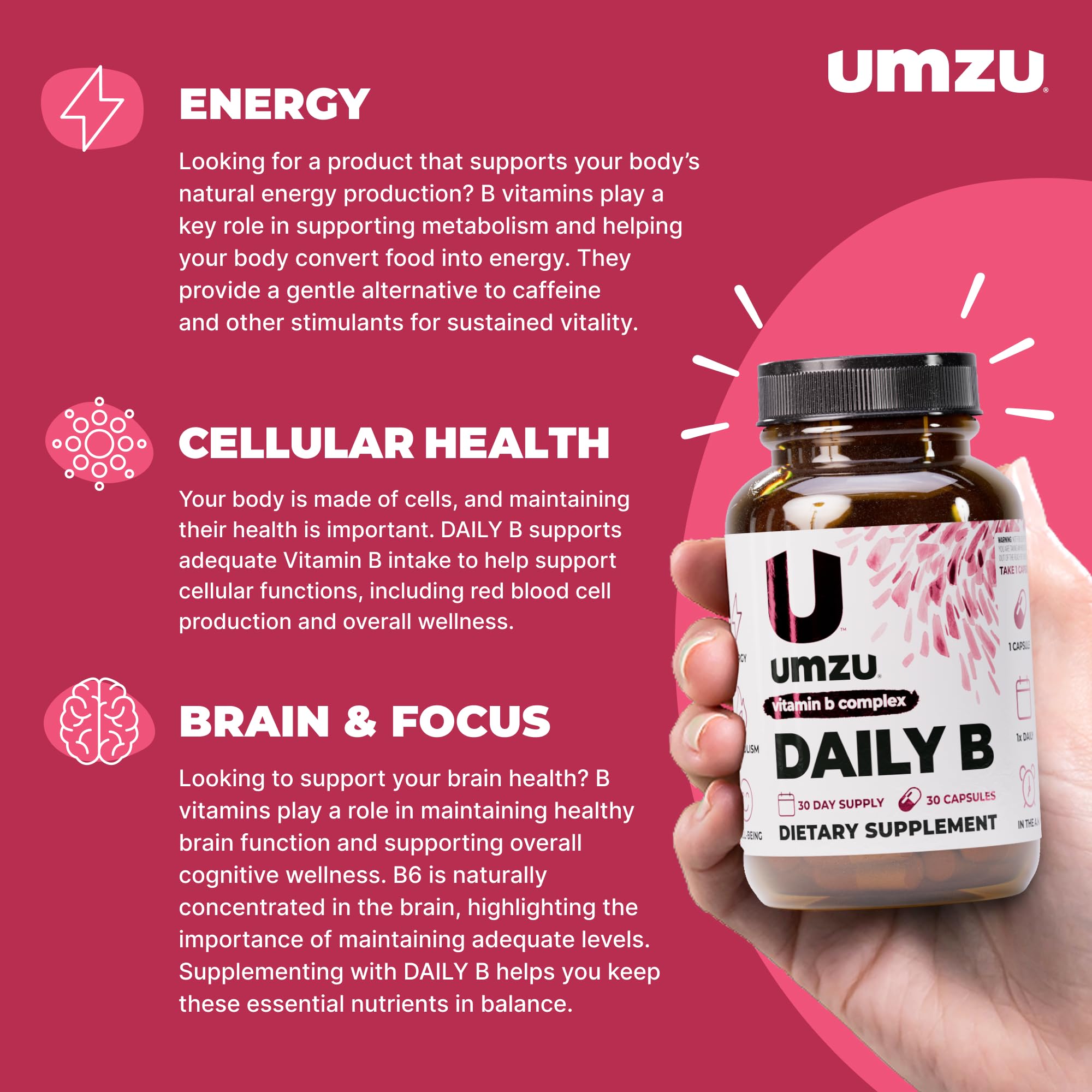 UMZU Daily B bottle back with complete B vitamin panel for daily wellness