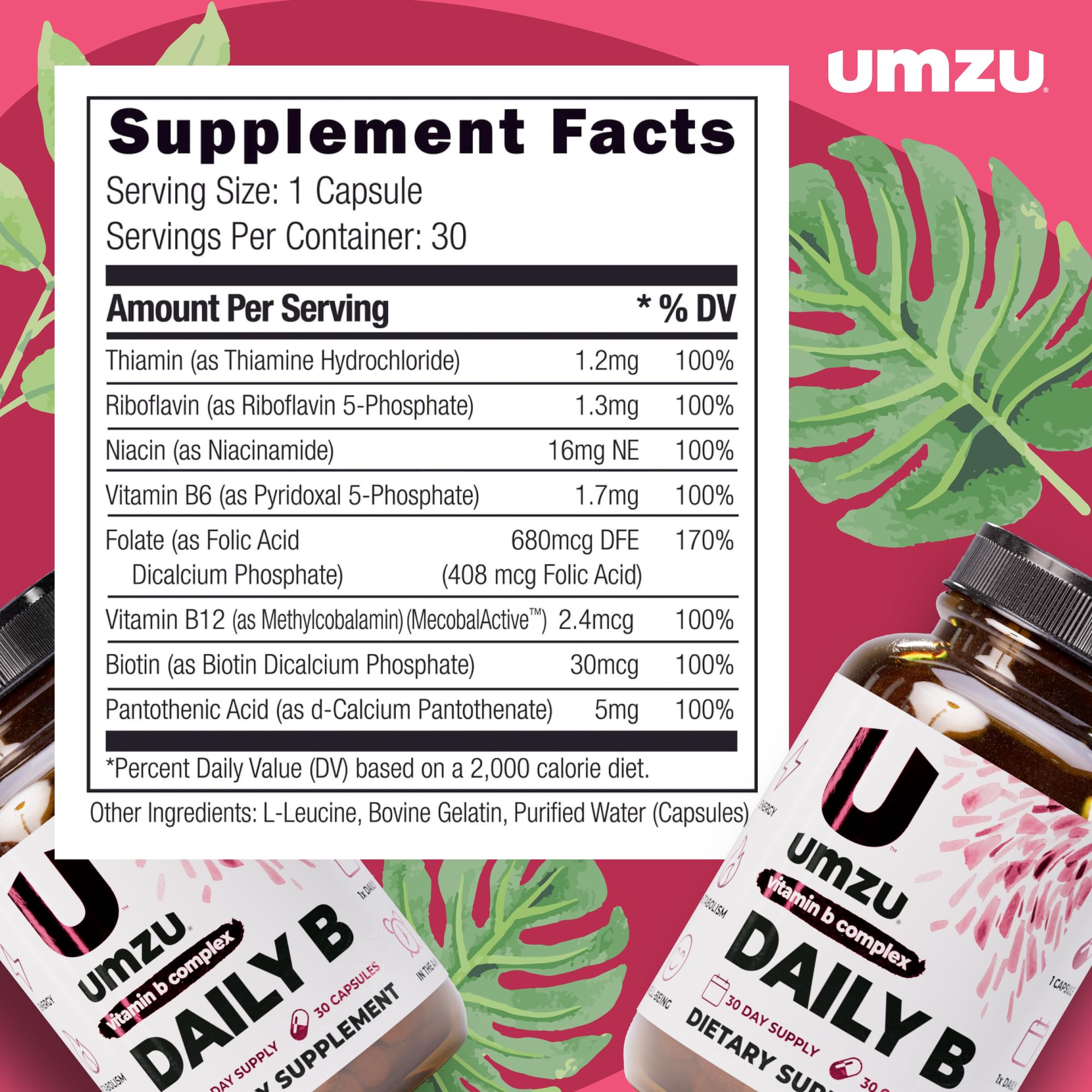 UMZU Daily B ingredient panel detailing B vitamins for energy metabolism