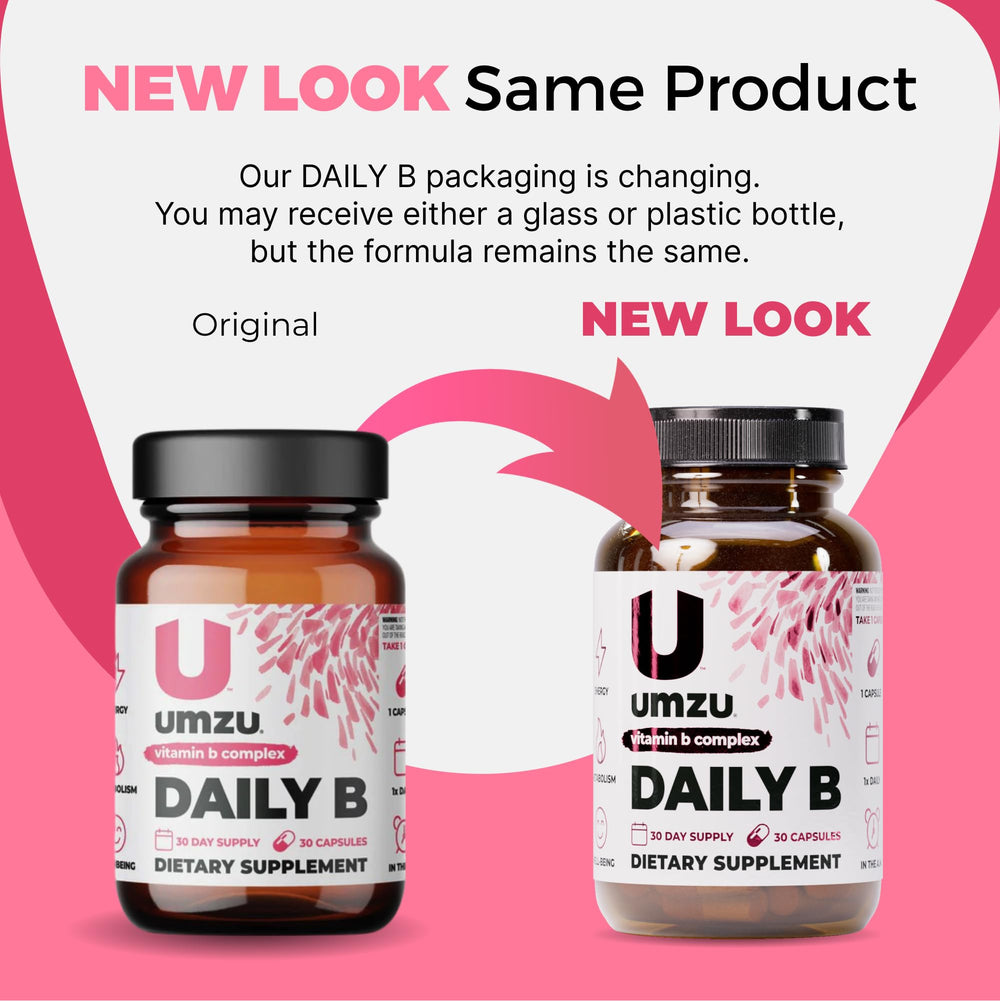 UMZU Daily B capsules in a weekly pill organizer for routine